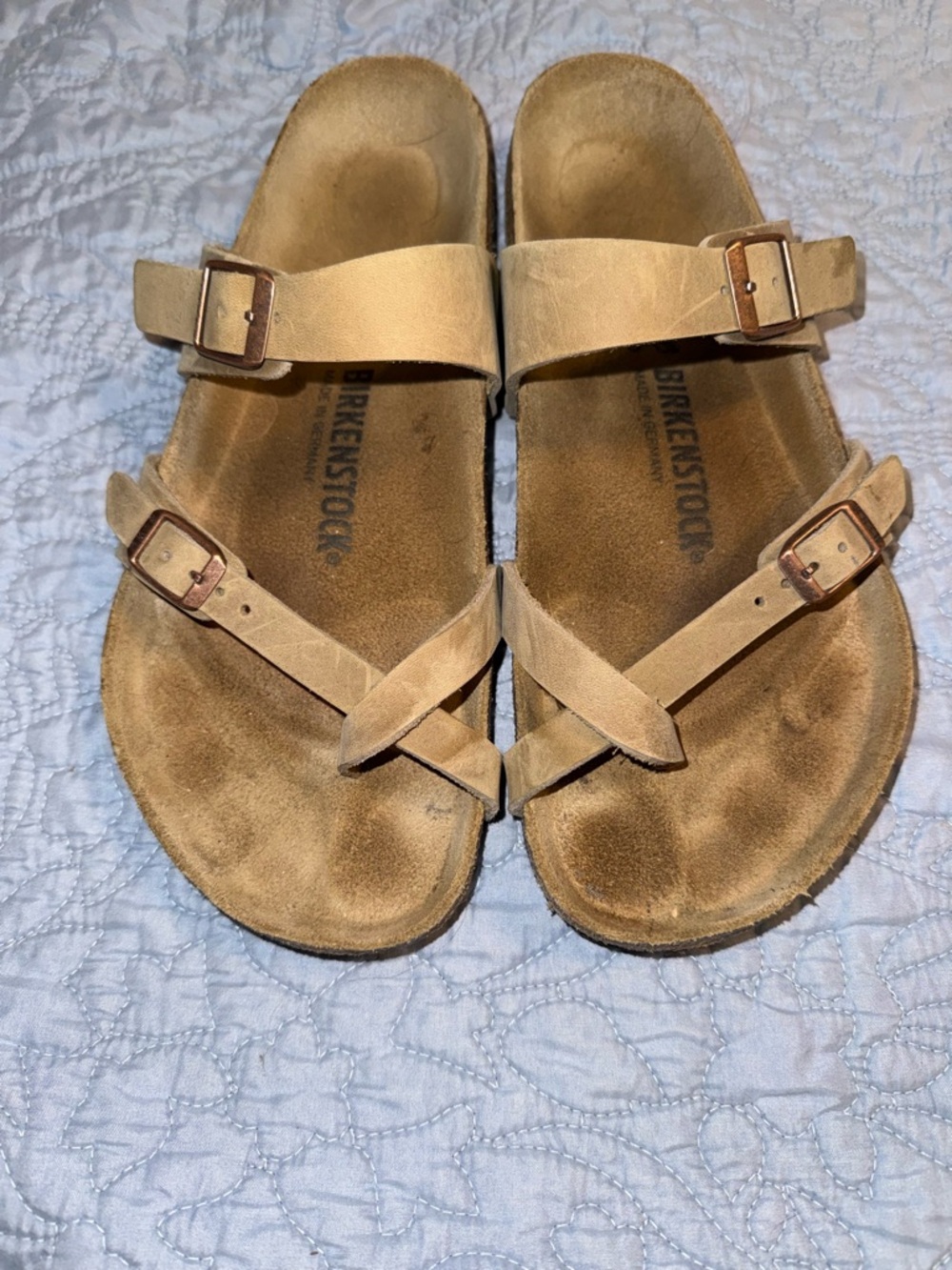 Birkenstock Tan Leather Toe-Cross Sandals with Buckles
